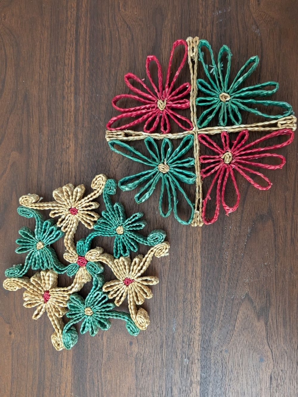 Vintage 70's Woven Straw Raffia Wicker Trivet Set of 2 Retro Boho Christmas